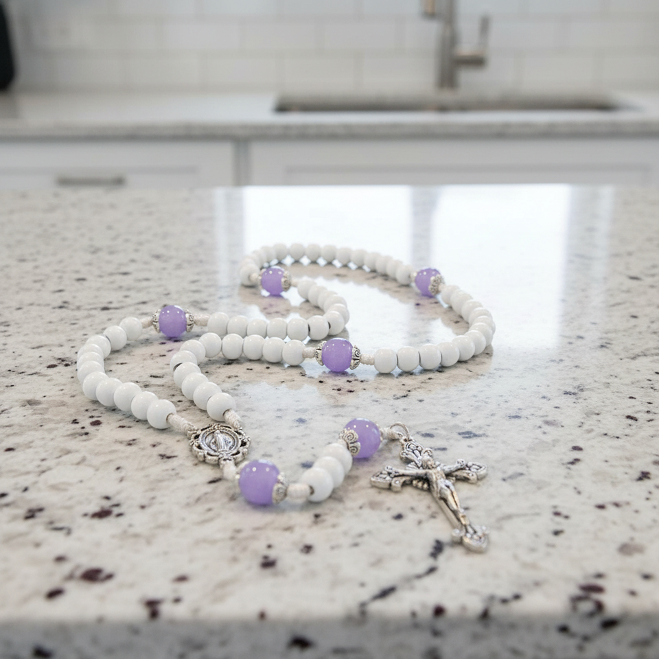 FREE White and Purple Miraculous Cord Rosary