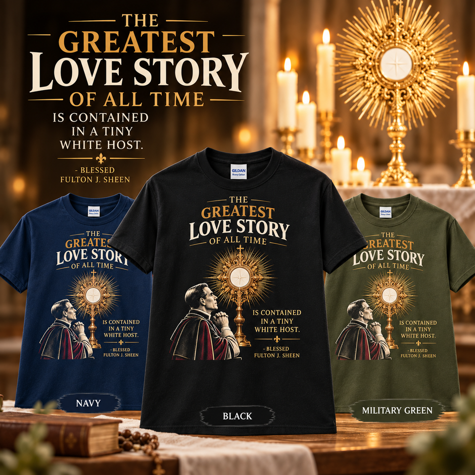 Blessed Fulton Sheen “The Greatest Love Story” Eucharistic T-Shirt