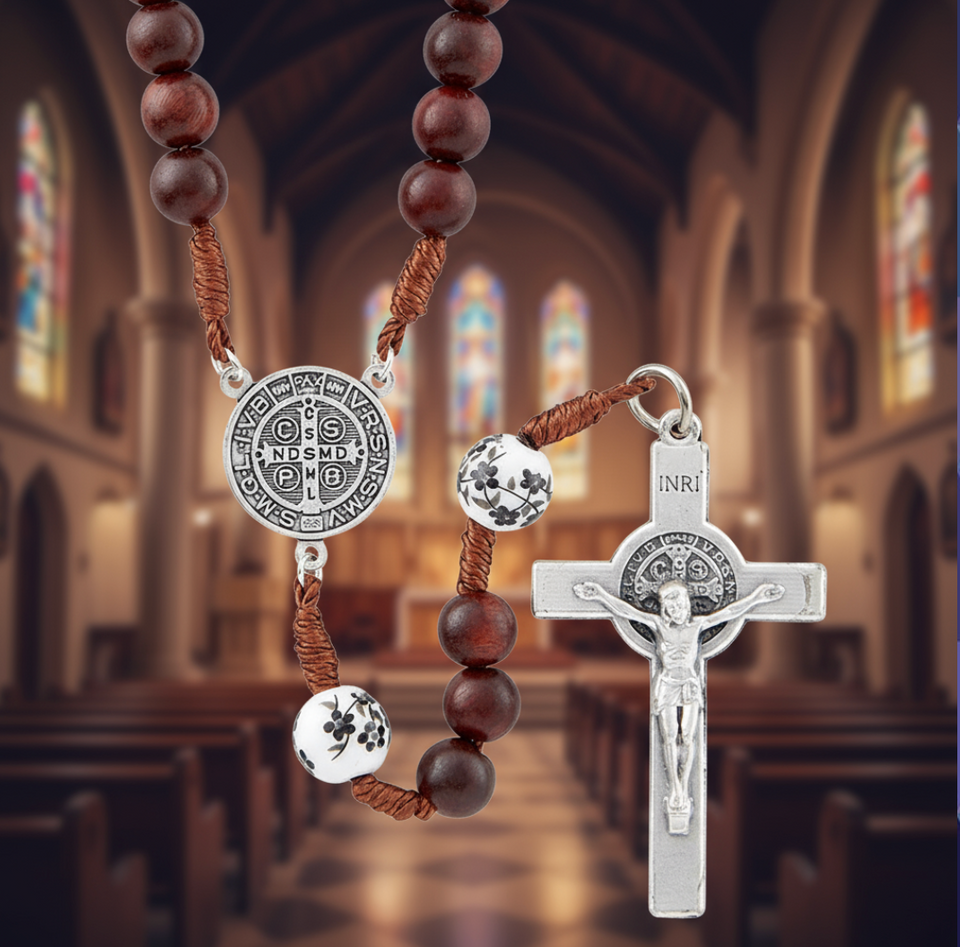 FREE St Benedict Ceramic Bead Wood Cord Rosary