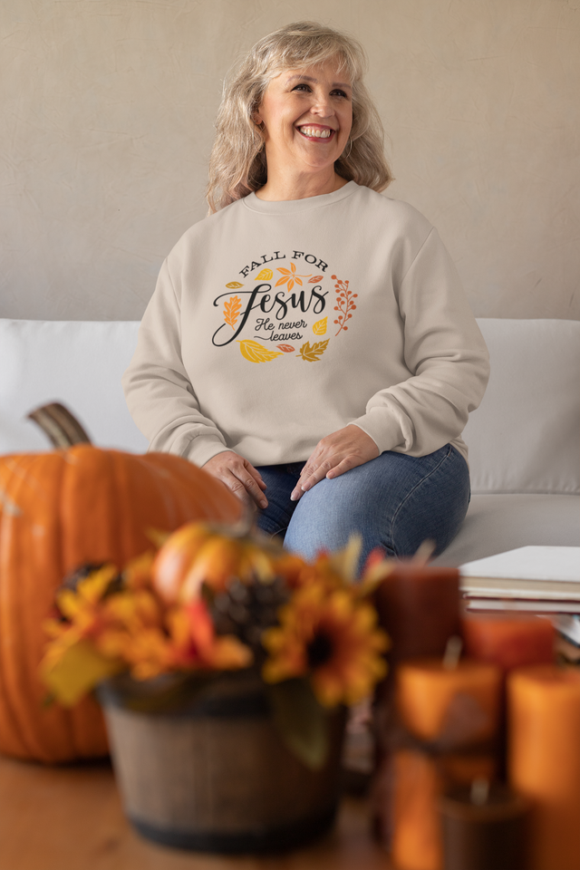 'Fall for Jesus He Never Leaves' Crewneck Sweatshirt