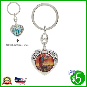 Our Lady of Grace/St. Michael Floral Heart Key Chain