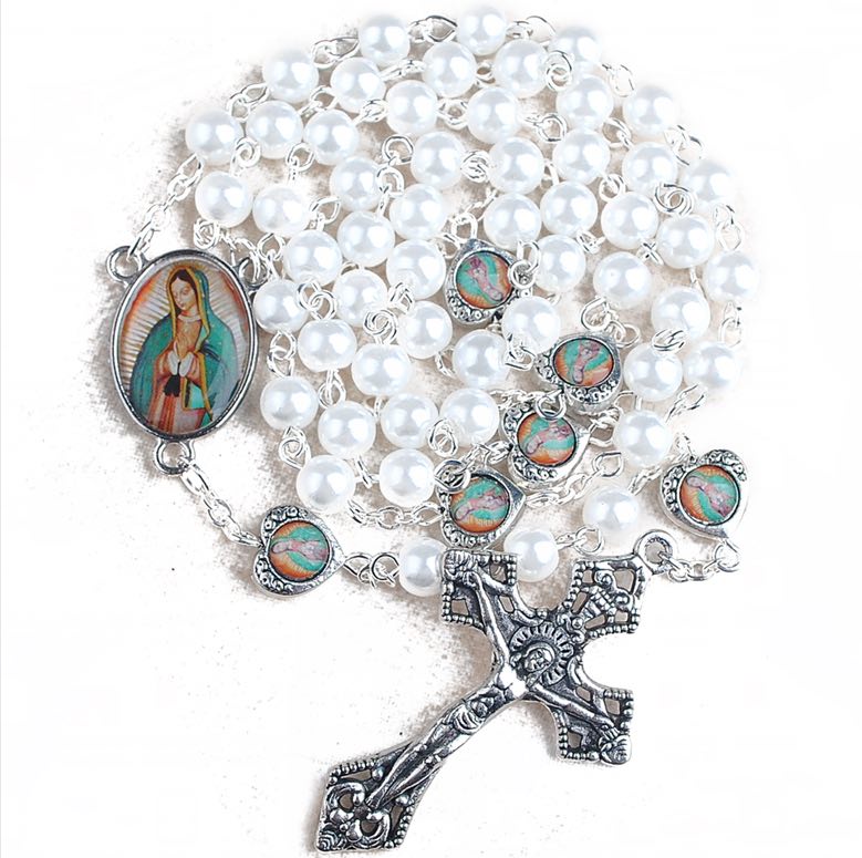 Our Lady of Guadalupe Pearl Rosary w/ Prayer Card