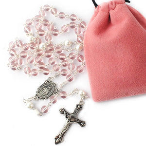 Light Pink Miraculous Medal Rosary with Velvet Bag