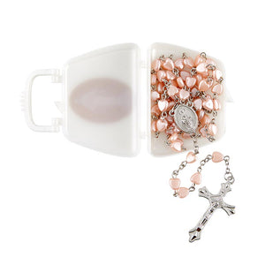 Pink Heart Rosary with Miraculous Purse Rosary Case