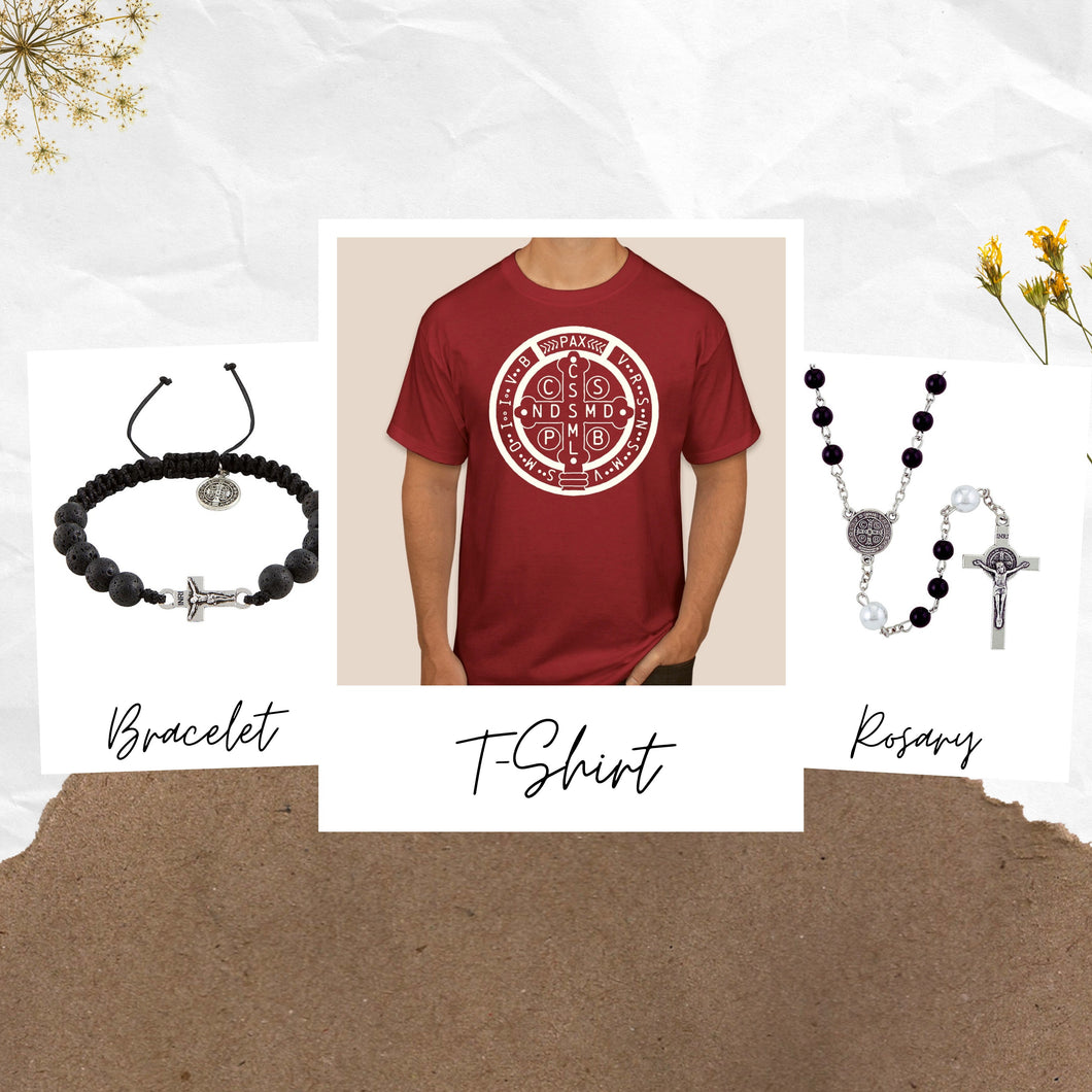 St Benedict Feast Day Bundle (T-Shirt, Rosary & Bracelet)
