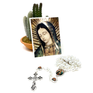 Our Lady of Guadalupe Pearl Rosary w/ Prayer Card