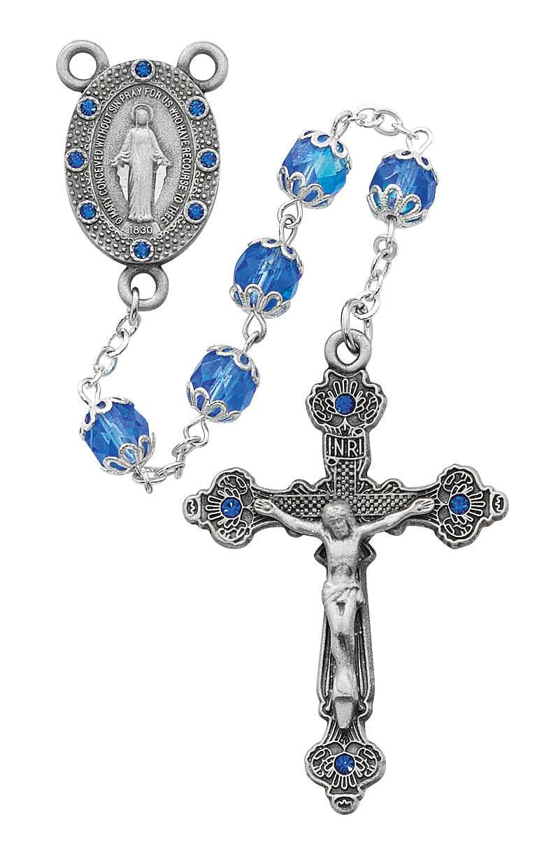 Pewter Double Capped Blue Stone  Rosary